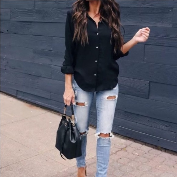 Black polo shirt button front long sleeve tops - Picture 3 of 5